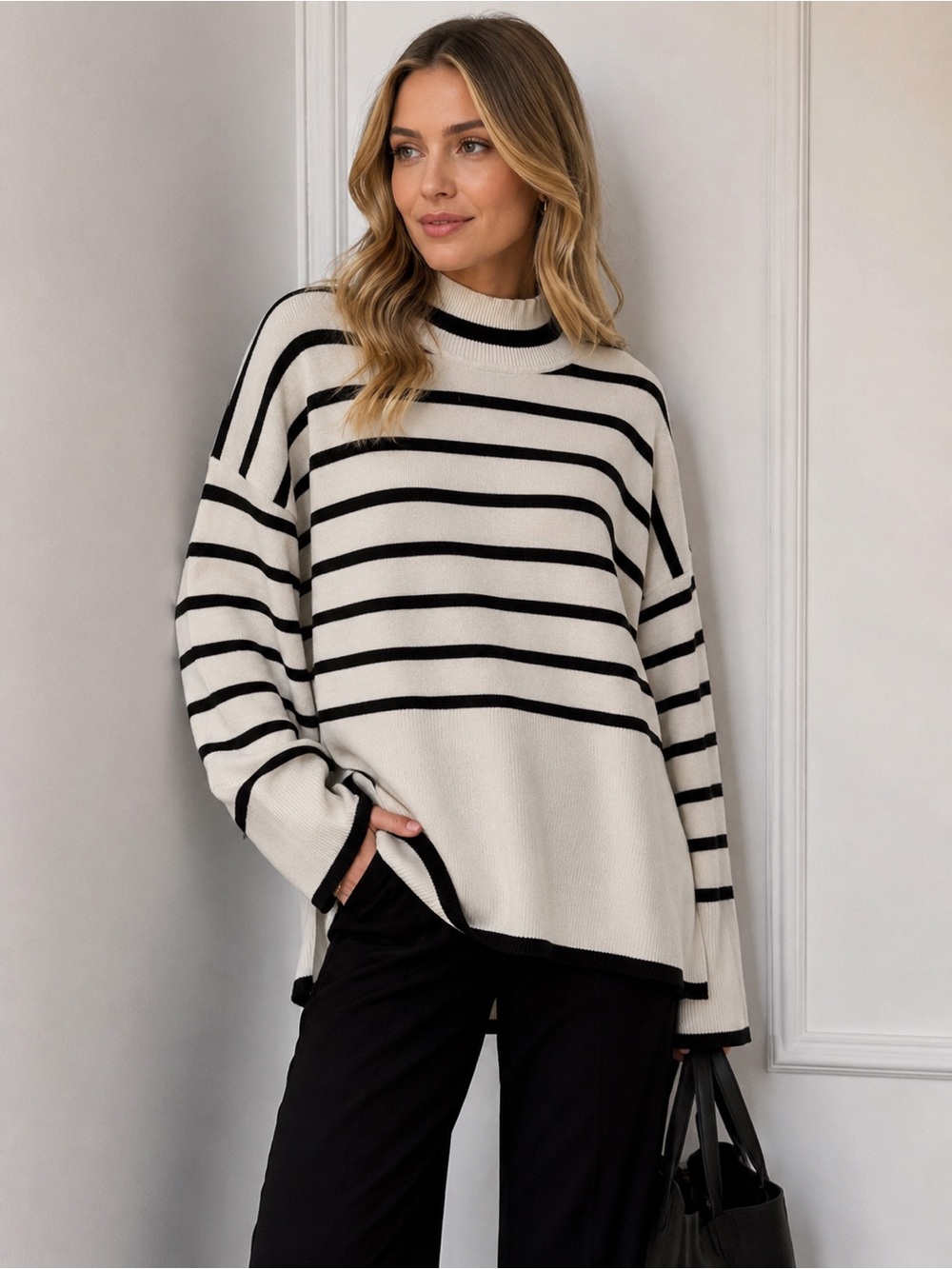 Rachel Zoe Oversized Striped Mock Neck Sweater Black Ivory Size L‎ Luxe Chic